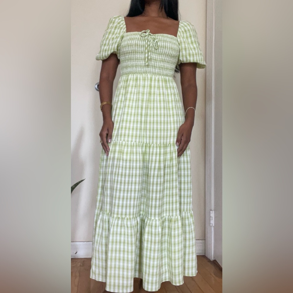 Free People Green and White Smocked Puff Sleeve Midi Dress